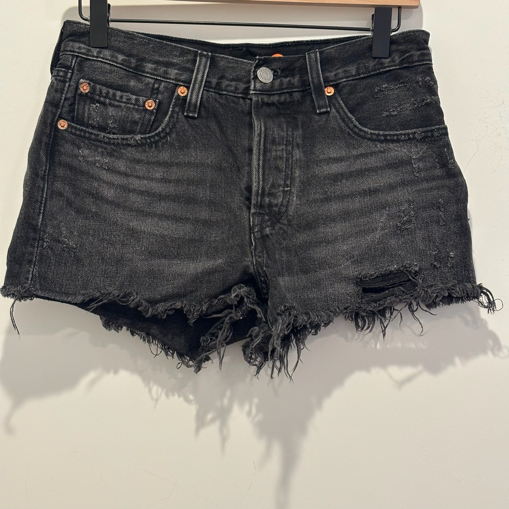 Levis‎ 501 Original High Rise Distressed Denim Shorts Black 567 W26